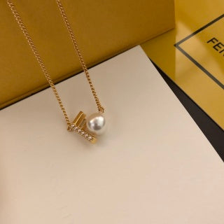 FENDI Pearl FF Letter Pendant Necklace