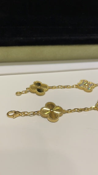 Van Cleef & Arpels Yellow Gold Guilloché Alhambra 5-Motif Bracelet (with Diamond Accents)