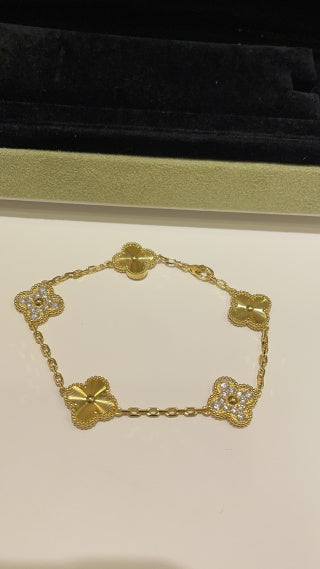 Van Cleef & Arpels Yellow Gold Guilloché Alhambra 5-Motif Bracelet (with Diamond Accents)