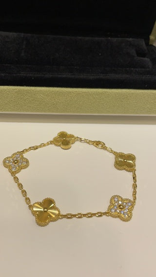 Van Cleef & Arpels Yellow Gold Guilloché Alhambra 5-Motif Bracelet (with Diamond Accents)