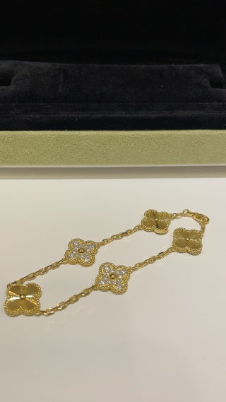 Van Cleef & Arpels Yellow Gold Guilloché Alhambra 5-Motif Bracelet (with Diamond Accents)