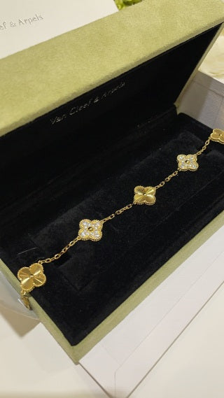 Van Cleef & Arpels Yellow Gold Guilloché Alhambra 5-Motif Bracelet (with Diamond Accents)