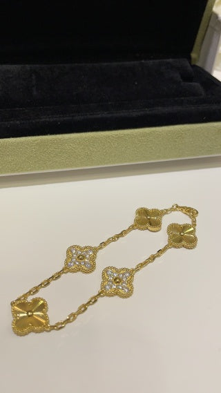 Van Cleef & Arpels Yellow Gold Guilloché Alhambra 5-Motif Bracelet (with Diamond Accents)