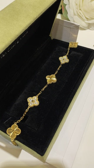 Van Cleef & Arpels Yellow Gold Guilloché Alhambra 5-Motif Bracelet (with Diamond Accents)