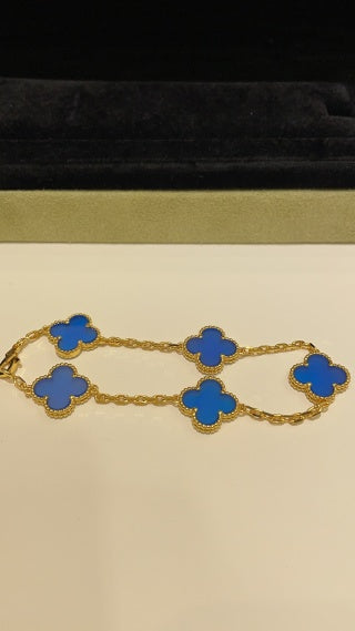 Van Cleef & Arpels 5-Motif Bracelet in Gold with Blue Agate Alhambra Motifs