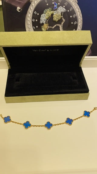Van Cleef & Arpels 5-Motif Bracelet in Gold with Blue Agate Alhambra Motifs