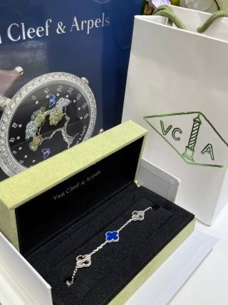 Van Cleef & Arpels Alhambra 5-Motif Bracelet in White Gold with Laser-Treated Blue Agate