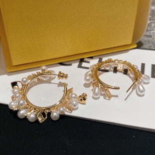 FENDI Pearl Fringe Hoop Stud Earrings