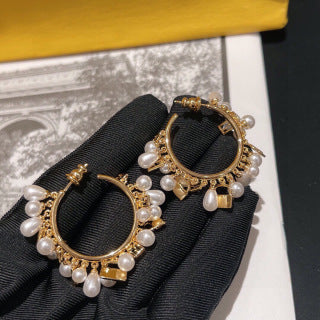 FENDI Pearl Fringe Hoop Stud Earrings