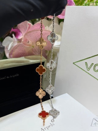 Van Cleef & Arpels Rose Gold 5-Motif Bracelet with Laser-Etched Red Carnelian Clover Motifs