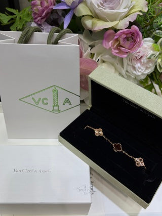 Van Cleef & Arpels Rose Gold 5-Motif Bracelet with Laser-Etched Red Carnelian Clover Motifs