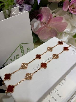 Van Cleef & Arpels Rose Gold 5-Motif Bracelet with Laser-Etched Red Carnelian Clover Motifs