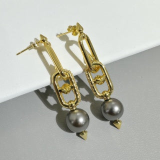 Tiffany Grey Pearl Drop Earrings with Diamond-Set Studs