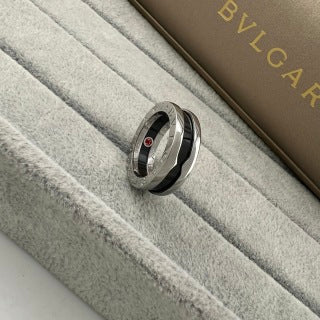 Bvlgari Black Ceramic Silver Ring with Red Accent – Elegant Luxury Jewelry