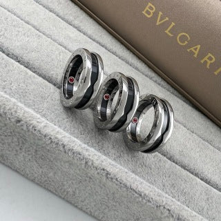 Bvlgari Black Ceramic Silver Ring with Red Accent – Elegant Luxury Jewelry