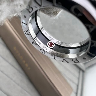 Bvlgari Black Ceramic Silver Ring with Red Accent – Elegant Luxury Jewelry