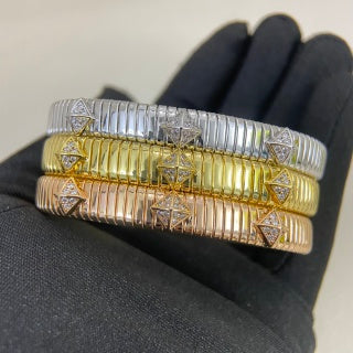 Bvlgari Tri-Color Gold Geometric Cuff Bracelet – Elegant Luxury Jewelry