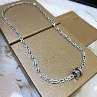 Bvlgari Silver Black Circle Pendant Chain Necklace – Elegant Luxury Jewelry