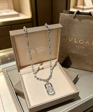 Bvlgari Silver Geometric Pendant Chain Necklace – Elegant Luxury Jewelry