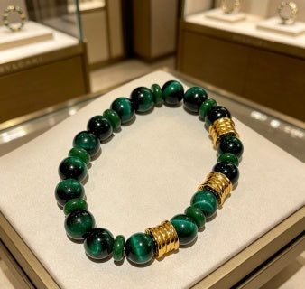 Bvlgari Green Beaded Gold Accent Bracelet – Elegant Luxury Jewelry