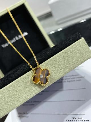Van Cleef & Arpels Single-Diamond Tiger's Eye Clover Necklace