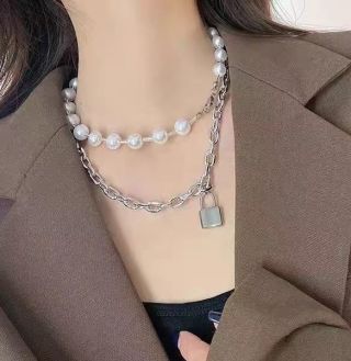Tiffany Long Necklace with Square Pearl Clasp and Padlock Pendant