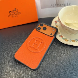 Hermès Orange Leather H Detail Phone Case