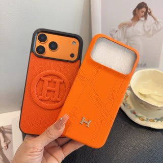 Hermès Orange Leather H Detail Phone Case