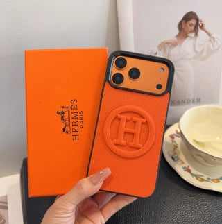 Hermès Orange Leather H Detail Phone Case
