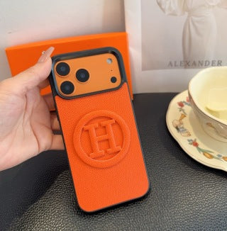 Hermès Orange Leather H Detail Phone Case