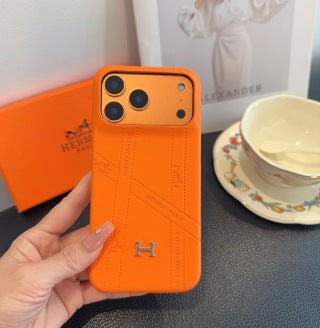 Hermès Orange Leather H Detail Phone Case