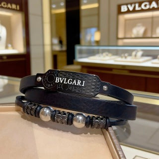 Bvlgari Black Leather Beaded Bracelet – Modern Luxury Jewelry