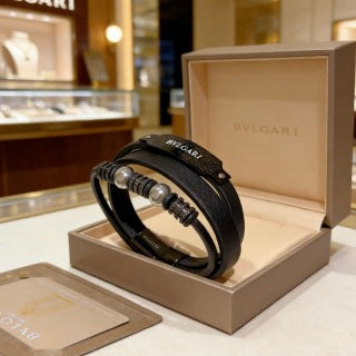 Bvlgari Black Leather Beaded Bracelet – Modern Luxury Jewelry