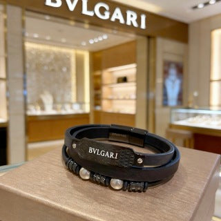 Bvlgari Black Leather Beaded Bracelet – Modern Luxury Jewelry