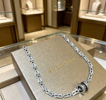 Bvlgari Silver Black Spiral Pendant Necklace – Elegant Luxury Jewelry