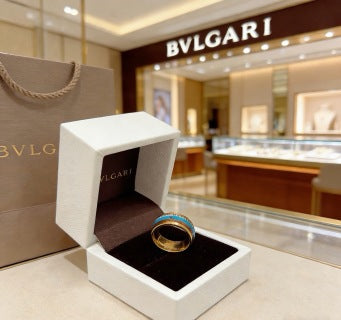 Bvlgari Gold Blue Accent Wide Band Ring – Elegant Luxury Jewelry