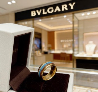 Bvlgari Gold Blue Accent Wide Band Ring – Elegant Luxury Jewelry