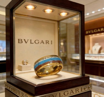 Bvlgari Gold Blue Accent Wide Band Ring – Elegant Luxury Jewelry