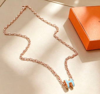 Hermès Pop H Bleu Azur Enamel H Pendant Necklace