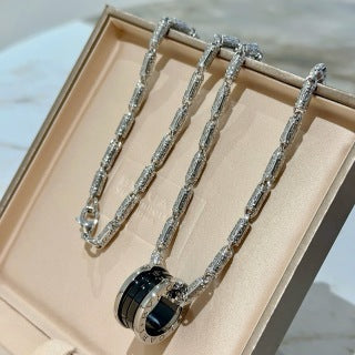 Bvlgari Silver Black Accent Pave Chain Necklace – Elegant Luxury Jewelry