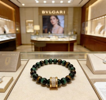 Bvlgari Green Gemstone Beaded Bracelet with Gold Accent – Elegant Luxury Jewelry