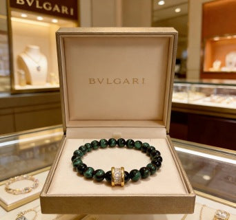Bvlgari Green Gemstone Beaded Bracelet with Gold Accent – Elegant Luxury Jewelry