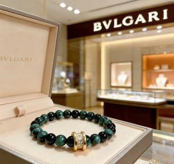 Bvlgari Green Gemstone Beaded Bracelet with Gold Accent – Elegant Luxury Jewelry