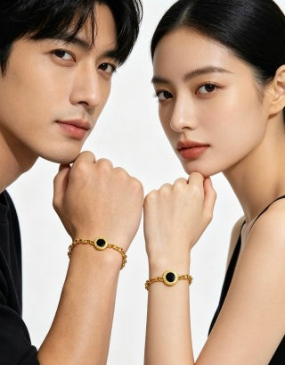 Bvlgari Gold Black Onyx Accent Link Bracelet – Elegant Luxury Jewelry