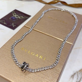 Bvlgari Silver Pave Chain Circle Pendant Necklace – Elegant Luxury Jewelry