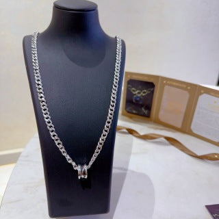 Bvlgari Silver Pave Chain Circle Pendant Necklace – Elegant Luxury Jewelry