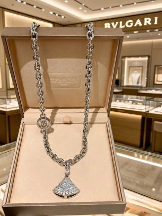 Bvlgari Silver Crystal Fan Pendant Necklace – Elegant Luxury Jewelry