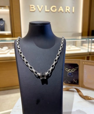 Bvlgari Silver Black Accent Geometric Chain Necklace – Elegant Luxury Jewelry