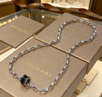 Bvlgari Silver Black Accent Geometric Chain Necklace – Elegant Luxury Jewelry
