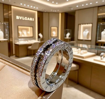 Bvlgari Silver Spiral Crystal Band Ring – Elegant Luxury Jewelry